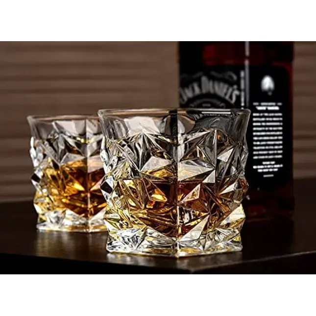 Diamond Whiskey Glasses - Set of 4 - by Vaci + 4 Drink Coasters, Crystal Made Bourbon, Scotch or Liquor Glass, Gift For Men & Women
