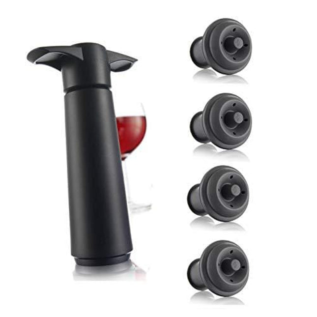 Vacu Vin Wine Saver Pump with 2 x Vacuum Bottle Stoppers - Black (Black Pump + 4 Stoppers)