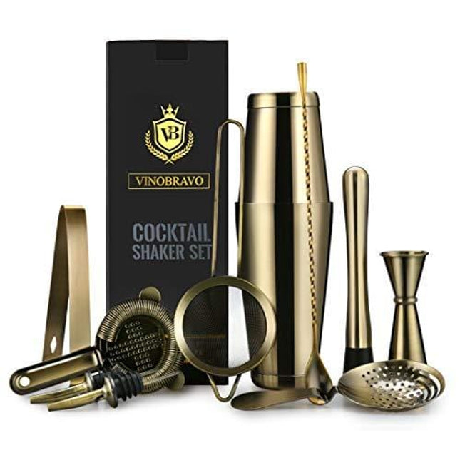 11-Piece Bartender Kit Boston Cocktail Shaker Bar Set by VinoBravo : 2 Weighted Shaker Tins, Strainer Set, Double Jigger, Bar Spoon, Ice Muddler & Tong, 2 Liquor Pourers & Recipe Guide (Antique Brass)