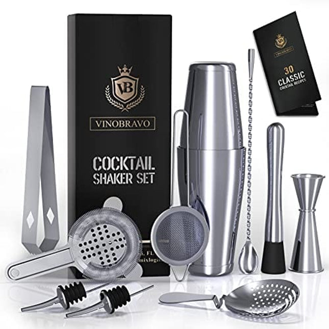 11-Piece Bartender Kit Boston Cocktail Shaker Bar Set by VinoBravo : 2 Weighted Shaker Tins, Strainer Set, Double Jigger, Bar Spoon, Ice Muddler & Tong, 2 Liquor Pourers & Recipe Guide (Silver)