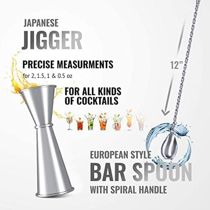 11-Piece Bartender Kit Boston Cocktail Shaker Bar Set by VinoBravo : 2 Weighted Shaker Tins, Strainer Set, Double Jigger, Bar Spoon, Ice Muddler & Tong, 2 Liquor Pourers & Recipe Guide (Silver)