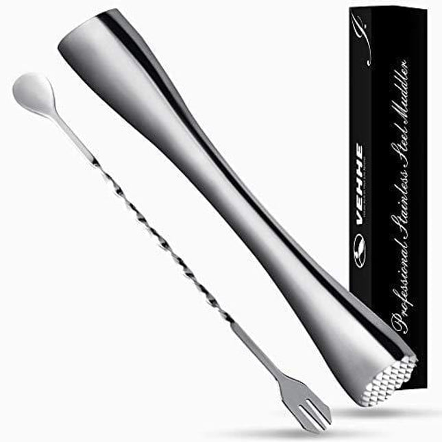 VEHHE Muddler for Cocktails, 10" Stainless Steel Cocktail Muddler and Mixing Spoon Drink Muddler with Case, Bar Tools for Cocktail, Drink, Mojito, Birthday, Party and Housewarming