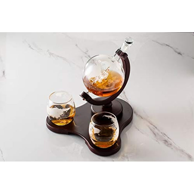 Verolux Whiskey Globe Decanter Set with 2 Glasses in Gift Box - for Liquor, Whiskey, Brandy, Gin, Rum, Tequila, Vodka, and Brandy - Home Bar Accessories for Men and Women