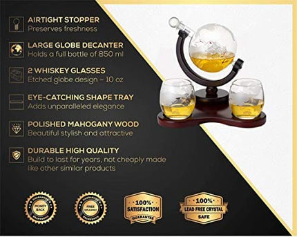 Verolux Whiskey Globe Decanter Set with 2 Glasses in Gift Box - for Liquor, Whiskey, Brandy, Gin, Rum, Tequila, Vodka, and Brandy - Home Bar Accessories for Men and Women