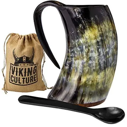 Viking Culture - Hot Viking Horn Mug with Spoon and Bag, 2 Pc Set, Horned Handle with Rustic Natural Finish, Safely Holds Hot and Cold Tea, Coffee, Cocoa, Wine, Beer or Mead