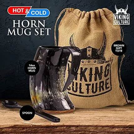 Viking Culture - Hot Viking Horn Mug with Spoon and Bag, 2 Pc Set, Horned Handle with Rustic Natural Finish, Safely Holds Hot and Cold Tea, Coffee, Cocoa, Wine, Beer or Mead