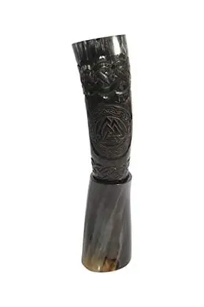 Authentic Handmade Viking Drinking Horn - Medieval Norse Ale Drinking Mug For Vikings with Stand - Hand Engraved Viking's Drink Cup - Food Safe Beer Horns (Black Valknut - 18 Inches)