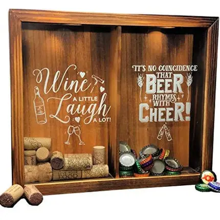 Wine Cork & Beer Cap Holder Shadow Box, Wall Mounted or Free Standing, Wine & Bar Decor for Him & Her, Rustic Stained Wood, 11" x 13"