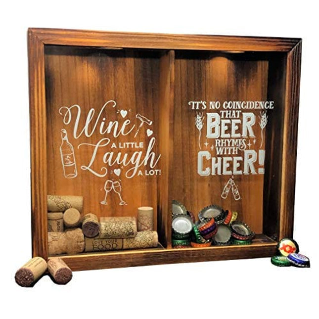 Wine Cork & Beer Cap Holder Shadow Box, Wall Mounted or Free Standing, Wine & Bar Decor for Him & Her, Rustic Stained Wood, 11" x 13"