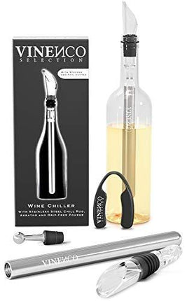 VINENCO Wine Chiller Set + Foil Cutter, Stopper, Storage Pouch & Ebook - Premium 3-in-1 Stainless Steel Bottle Cooler Stick, Decanting Aerator & Drip-Free Pourer