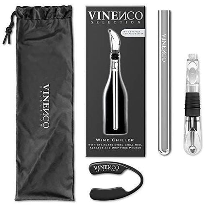 VINENCO Wine Chiller Set + Foil Cutter, Stopper, Storage Pouch & Ebook - Premium 3-in-1 Stainless Steel Bottle Cooler Stick, Decanting Aerator & Drip-Free Pourer