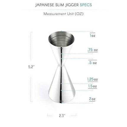 Premium Japanese Stainless Steel Slim Double Cocktail Bar Jigger by VinoBravo with measurements inside 2oz. / 1oz. Barware Tool for Home Bars and Professional Bartending Kits (Silver)