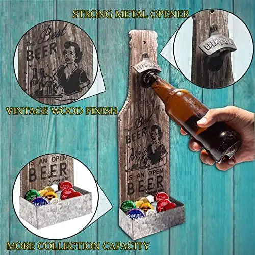 Rustic Wall Mounted Bottle Opener Bottle Cap Catcher, Jar Beer