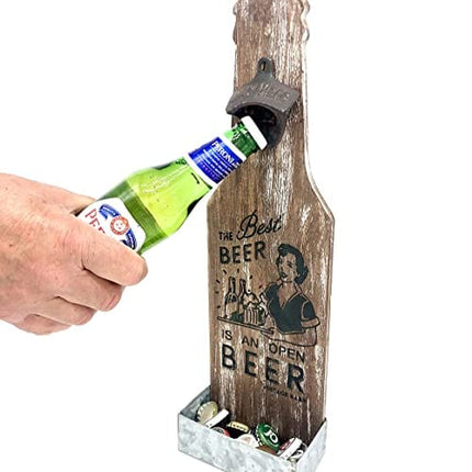 VINTAGE BARN Wall Mounted Bottle Opener with Catcher. Real Pine Wood Beer Bottle Opener. Wall Mount Funny Bottle Opener with Cap Catcher. Unique Man Cave Decor/Bar Accessories Gifts - Indoor/Outdoor