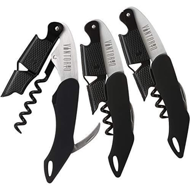 Vintorio Professional Waiters Corkscrew - Wine Key with Ergonomic Rubber Grip, Beer Bottle Opener and Foil Cutter (3 Pack)