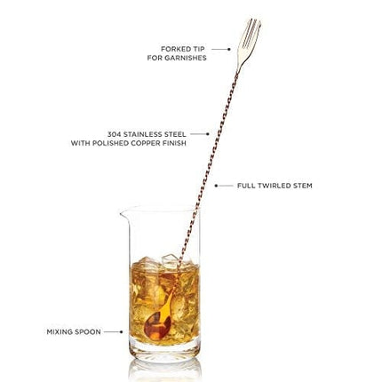 Trident Barspoon with Full Twisted Stem Handle | Cocktail Spoon, Bartender Tool for Mixing Glasses, Bartending Swizzle Stick, Copper