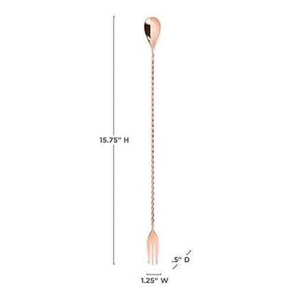 Trident Barspoon with Full Twisted Stem Handle | Cocktail Spoon, Bartender Tool for Mixing Glasses, Bartending Swizzle Stick, Copper