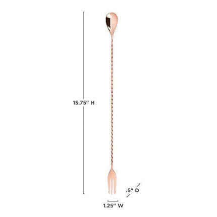 Trident Barspoon with Full Twisted Stem Handle | Cocktail Spoon, Bartender Tool for Mixing Glasses, Bartending Swizzle Stick, Copper