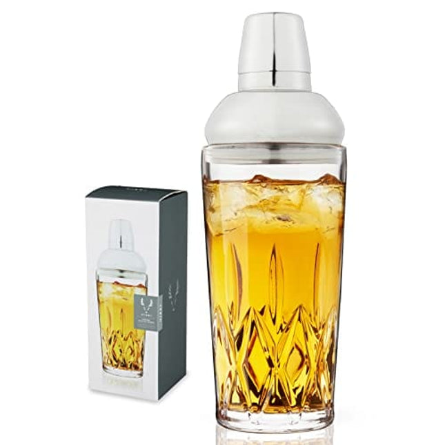 Viski Admiral Cocktail Shaker - Cut Crystal Tumbler with Stainless Steel Cap and Strainer - Dishwasher Safe 25oz Set of 1