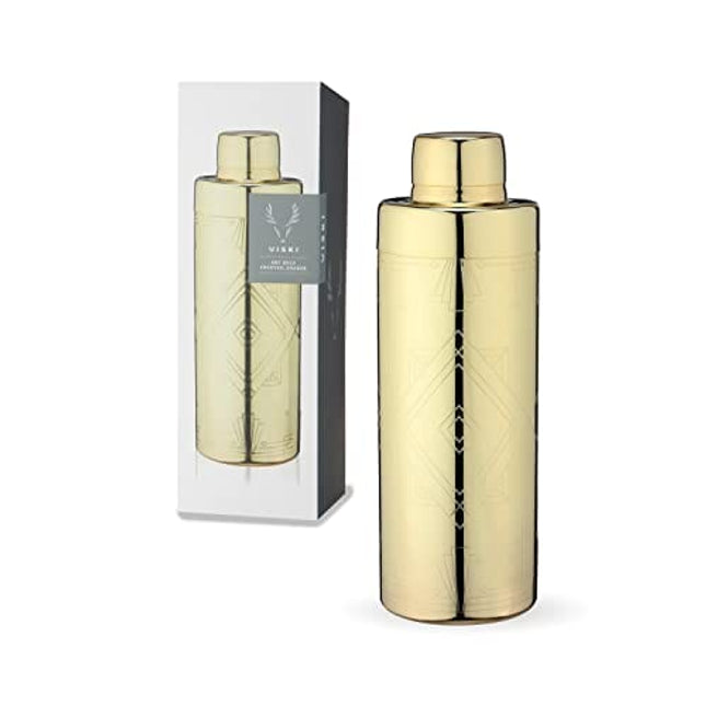 Viski Art Deco Gold Cocktail Shaker, 24 oz Etched Stainless Steel Shaker With Strainer & Gold Finish