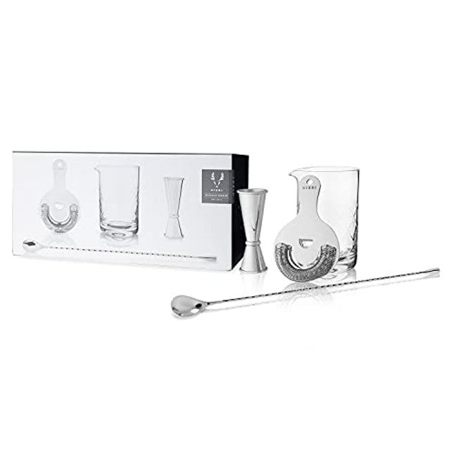 Viski Barware 4 Piece Tool Set, Double Jigger, Mixing Glass, Hawthorne Strainer, Weighted Barspoon, Stainless Steel