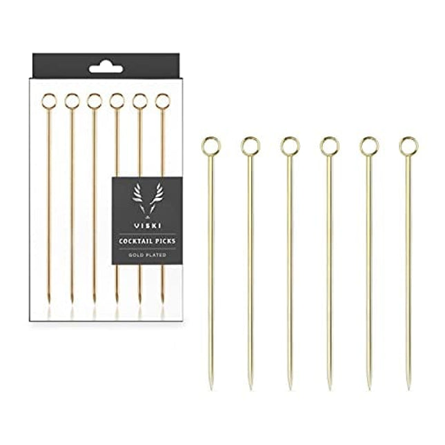Viski Gold Cocktail Picks, Set of 6 Stainless Steel Drink Picks, Barware Accessories, 4.25″