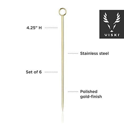Viski Gold Cocktail Picks, Set of 6 Stainless Steel Drink Picks, Barware Accessories, 4.25″