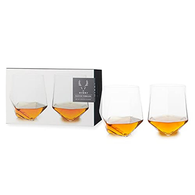 Viski Seneca Faceted Crystal Tumblers Set of 2 - Premium Crystal Clear Glass, Stylish Lowball Cocktail Glasses, Cocktail Glass Gift Set - 11 oz