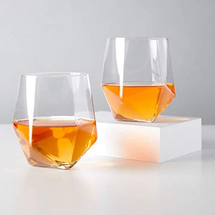 Viski Seneca Faceted Crystal Tumblers Set of 2 - Premium Crystal Clear Glass, Stylish Lowball Cocktail Glasses, Cocktail Glass Gift Set - 11 oz
