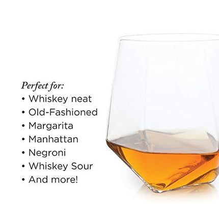 Viski Seneca Faceted Crystal Tumblers Set of 2 - Premium Crystal Clear Glass, Stylish Lowball Cocktail Glasses, Cocktail Glass Gift Set - 11 oz