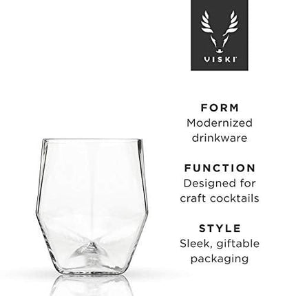 Viski Seneca Faceted Crystal Tumblers Set of 2 - Premium Crystal Clear Glass, Stylish Lowball Cocktail Glasses, Cocktail Glass Gift Set - 11 oz