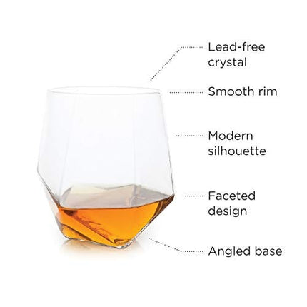 Viski Seneca Faceted Crystal Tumblers Set of 2 - Premium Crystal Clear Glass, Stylish Lowball Cocktail Glasses, Cocktail Glass Gift Set - 11 oz
