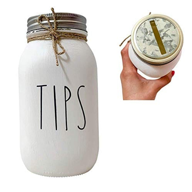 TIPS Jar - White Painted and Distressed Mason Jar, Tip Jar for Money Restaurant, 32 oz. Regular Mouth Mason Jar with Coin Slot, Quart Size, Painted Mason Jar, Bartender, Salon Tip Jar with Lid, Glass