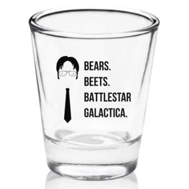 The Office Merchandise Shot Glass Gift Set - Prison Mike, Dunder Mifflin, & Bears Beets Battlestar Galactica - The Office Gifts For Men And Women
