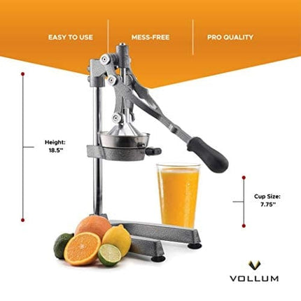 Manual Fruit Juicer - Commercial Grade Home Citrus Lever Squeezer for Oranges, Lemons, Limes, Grapefruits and More - Stainless Steel and Cast Iron - Non-skid Suction Cup Base - 18.5 Inch - by Vollum