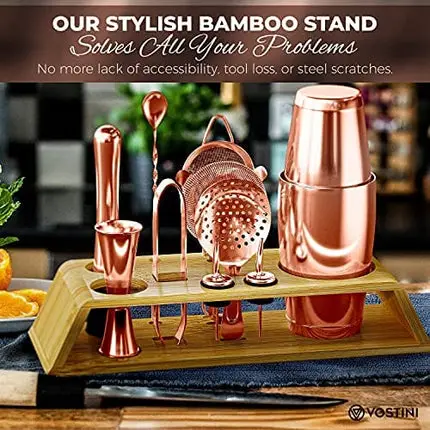 12-Piece Rose Gold Cocktail Shaker Set with Bamboo Stand, Weighted 18 & 28oz Weighted Shakers and Bar Tools Set Using Premium Stainless Steel 304, The Perfect Bartending Mixing Kit for the Home or Bar