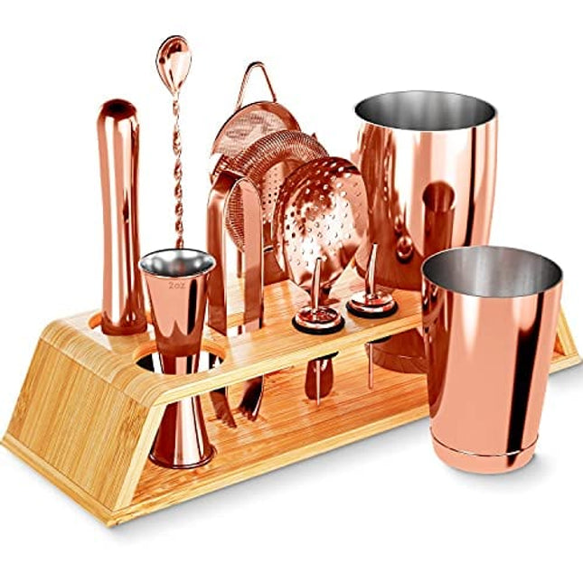 12-Piece Rose Gold Cocktail Shaker Set with Bamboo Stand, Weighted 18 & 28oz Weighted Shakers and Bar Tools Set Using Premium Stainless Steel 304, The Perfect Bartending Mixing Kit for the Home or Bar