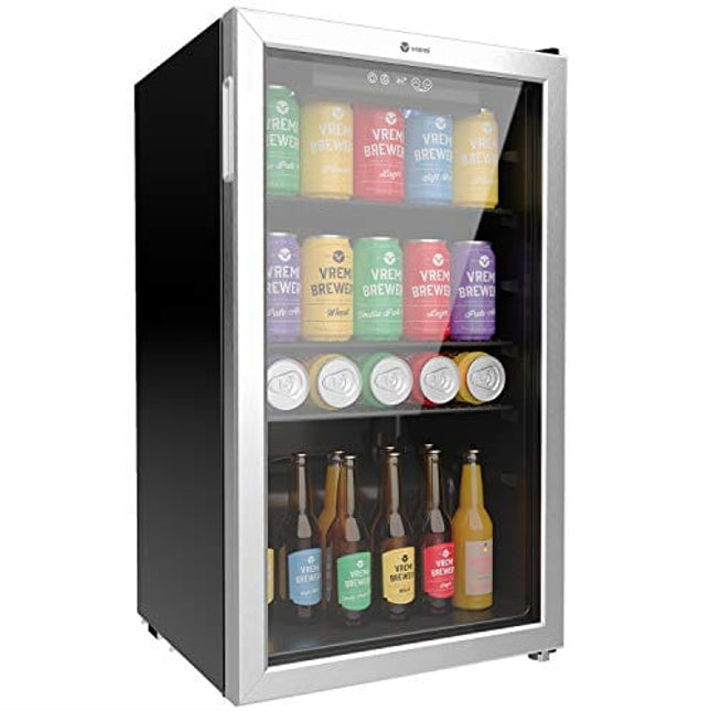 Vremi Beverage Refrigerator and Cooler - 100 to 120 Can Mini Fridge with Glass Door for Soda Beer or Wine - Auto Defrost Drink Dispenser Machine for Office or Bar with Adjustable Removable Shelves