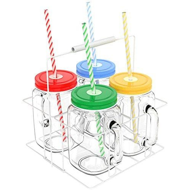 Vremi 16 oz Mason Jars with Handles Lids and Straws - 4 Piece Wide Mouth Mason Jar Mugs Set with Colored Metal Lids and Holder - Decorative Clear Glass Tumblers Set with Mason Jar Accessories