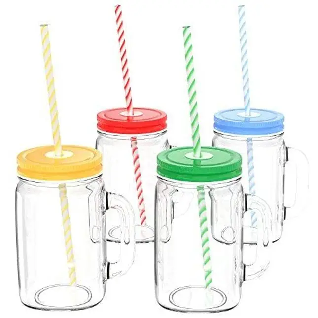 Vremi 16 oz Mason Jars with Handles Lids and Straws - 4 Piece Wide Mouth Mason Jar Mugs Set with Colored Metal Lids and Holder - Decorative Clear Glass Tumblers Set with Mason Jar Accessories