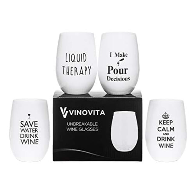 VINOVITA Funny Wine Glasses (Set of 4) 100% Tritan Plastic | Unbreakable Stemless and Durable | Great for Indoor/Outdoor Parties, Beach (Tritan Plastic, 16oz)
