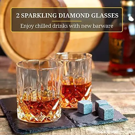 𝗕𝗘𝗦𝗧 𝗚𝗜𝗙𝗧: Gifts For Men Dad - Whiskey Glass Set of 2 - Bourbon Whiskey Stones Wood Box Gift Set - Includes Crystal Whisky Glasses, Chilling Rocks, Slate Coasters for Scotch Wisky Burbon Gifts