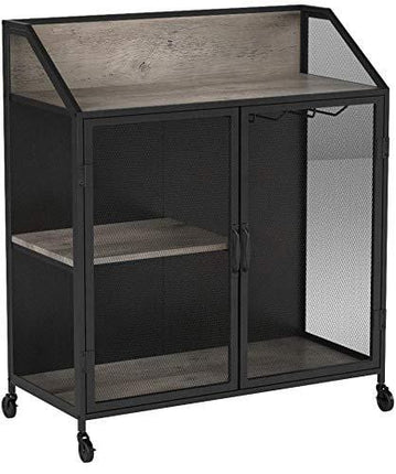 Walker Edison Industrial Wood and Metal Bar Cabinet with Wheels Wine Glass and Bottle Kitchen Storage Shelf, 33 Inch, Grey Wash