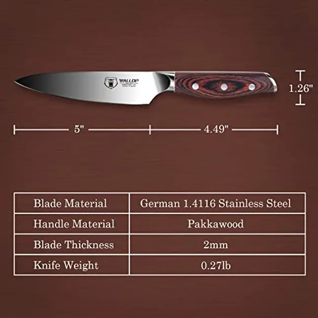WALLOP Utility Knife - 5 inch Kitchen Utility Knife Paring Knife Small Kitchen Knife Fruit Peeling Knife - German High Carbon Stainless Steel Full Tang Pakkawood Handle - Jane Series with Gift Box