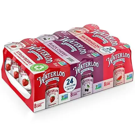 Waterloo Sparkling Water Variety Pack, 12 Fl Oz Cans, Pack of 24, 8 x Strawberry, 8 x Black Cherry, 8 x Watermelon | Zero Calories | Zero Sugar or Artificial Sweeteners | Zero Sodium