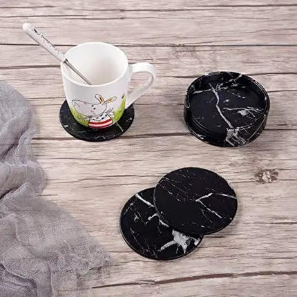 WAYIFON Coasters for Drinks, 6 PCS Premium PU Leather Drink Coasters with Holder, Heat Resistant Round Cup Mat Pad - Protect Table from Stains and Scratches, Housewarming Gift - Marble Black Pattern