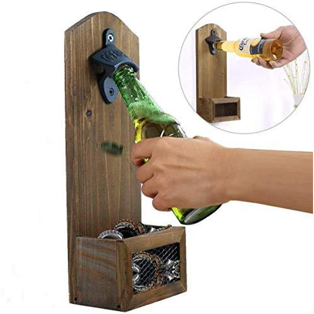 weallbuy Wall Mounted Bottle Opener with Cap Catcher, Vintage Wooden Beer Bottle Opener for Bar Kitchen Home Deck Patio