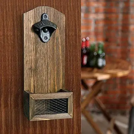 weallbuy Wall Mounted Bottle Opener with Cap Catcher, Vintage Wooden Beer Bottle Opener for Bar Kitchen Home Deck Patio