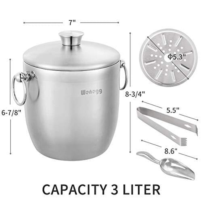 Ice Bucket with Lid and Strainer - Well Made Insulated Stainless Steel Double Wall Keep Ice Frozen Longer - Bonus Ice Scoop and Tongs - 3 Liter