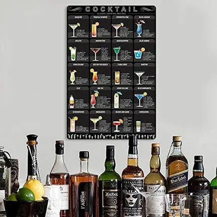 Metal cocktail Menu Tin Sign Retro Mixology Recipe Lovers Guide Bar Pub Iron Chain Hanger Decor Drink Alcoholic Poster Rustic Painting Home Restaurant Kitchen Cafe Diner Shop 8" X12"